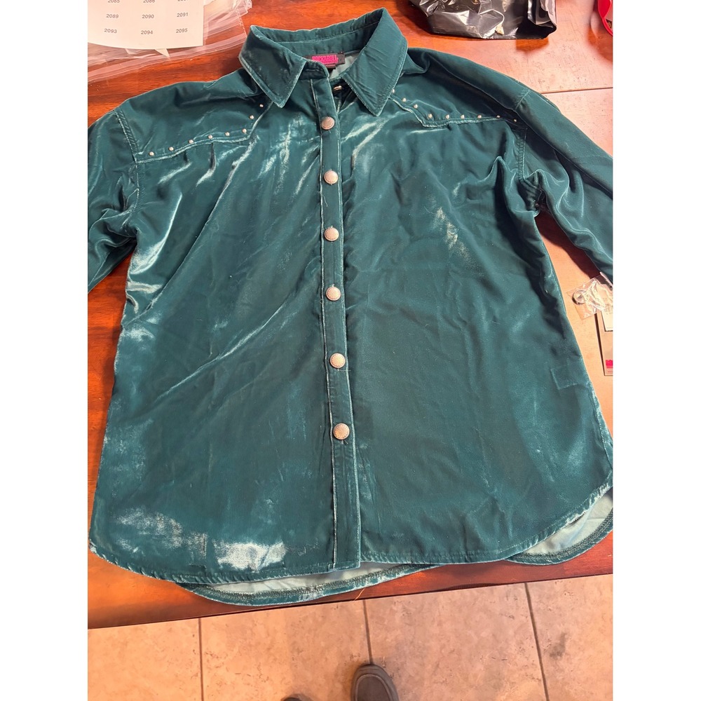 Rock & Roll Denim Women Teal Oversized Studded Velvet Western Shirt L BWB2S06950